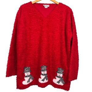 VTG 90s Shane Lee XXL Red Fuzzy Ugly Sweater Snowman‎ Holiday Festive Christmas